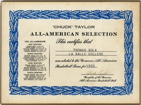 1955 Tom Gola Chuck Taylor All-American Selection Plaque (Gola LOA)